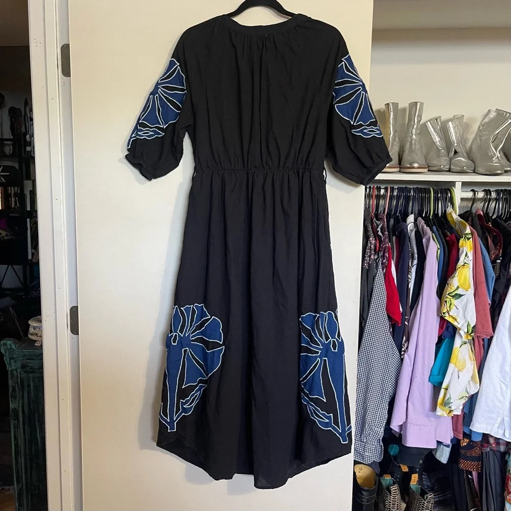 Ciebon Tiana Floral Embroidered Maxi Dress Black Cotton with Blue Embroidery sz…